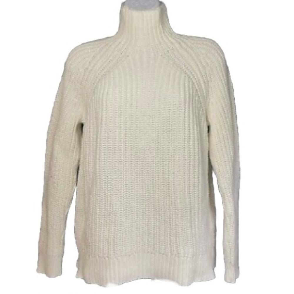 GAP Cotton Ribbed Shaker Knit Funnel Turtleneck  Tunic Sweater Creamy White